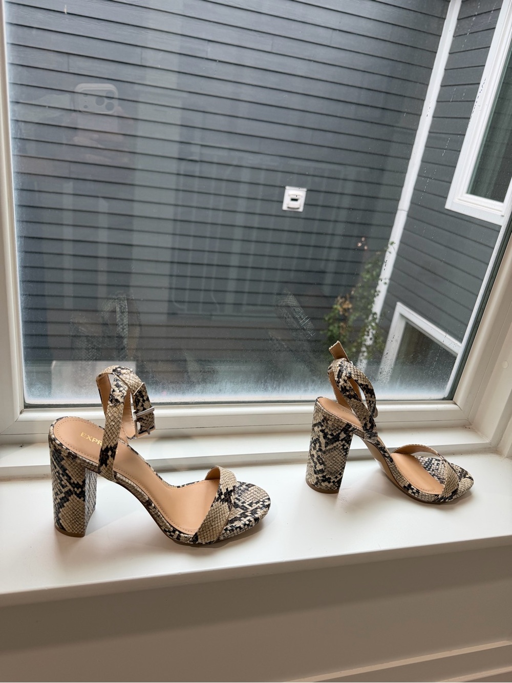 Express Snake-Print Block Heel Sandals in Beige and Black
